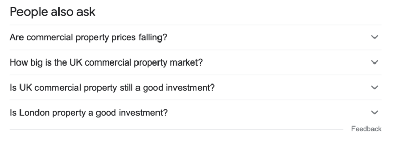 Google Suggest screenshot of People Also Ask with UK commercial property terms